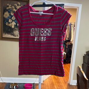 Guess Red and Gray Striped Tee